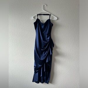 Navy Blue Ruffled Side-Slit Midi Dress